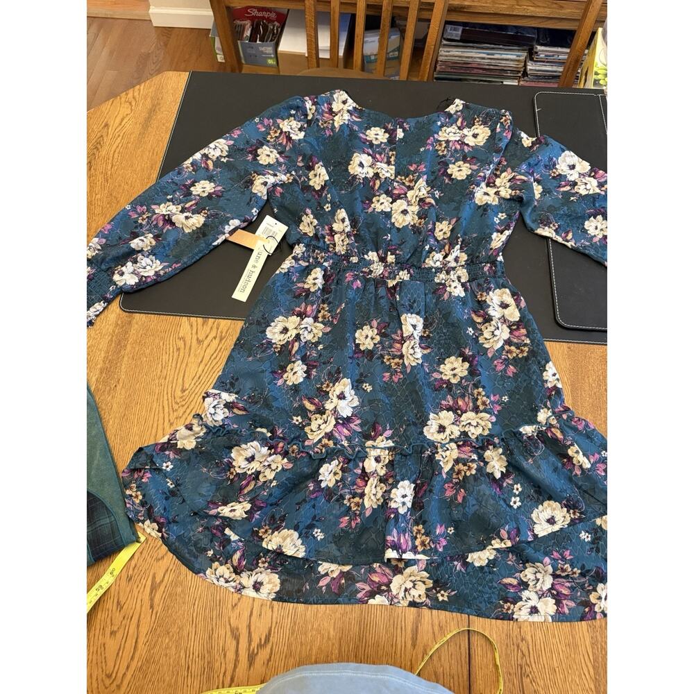 June & Hudson Floral Chiffon Dress Teal Ruffle Smocked Long Sleeve V-Neck L/XL